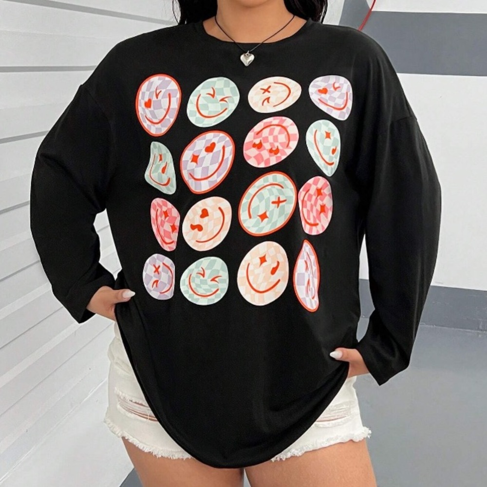Checkered Happy Face Long Sleeve Tee
